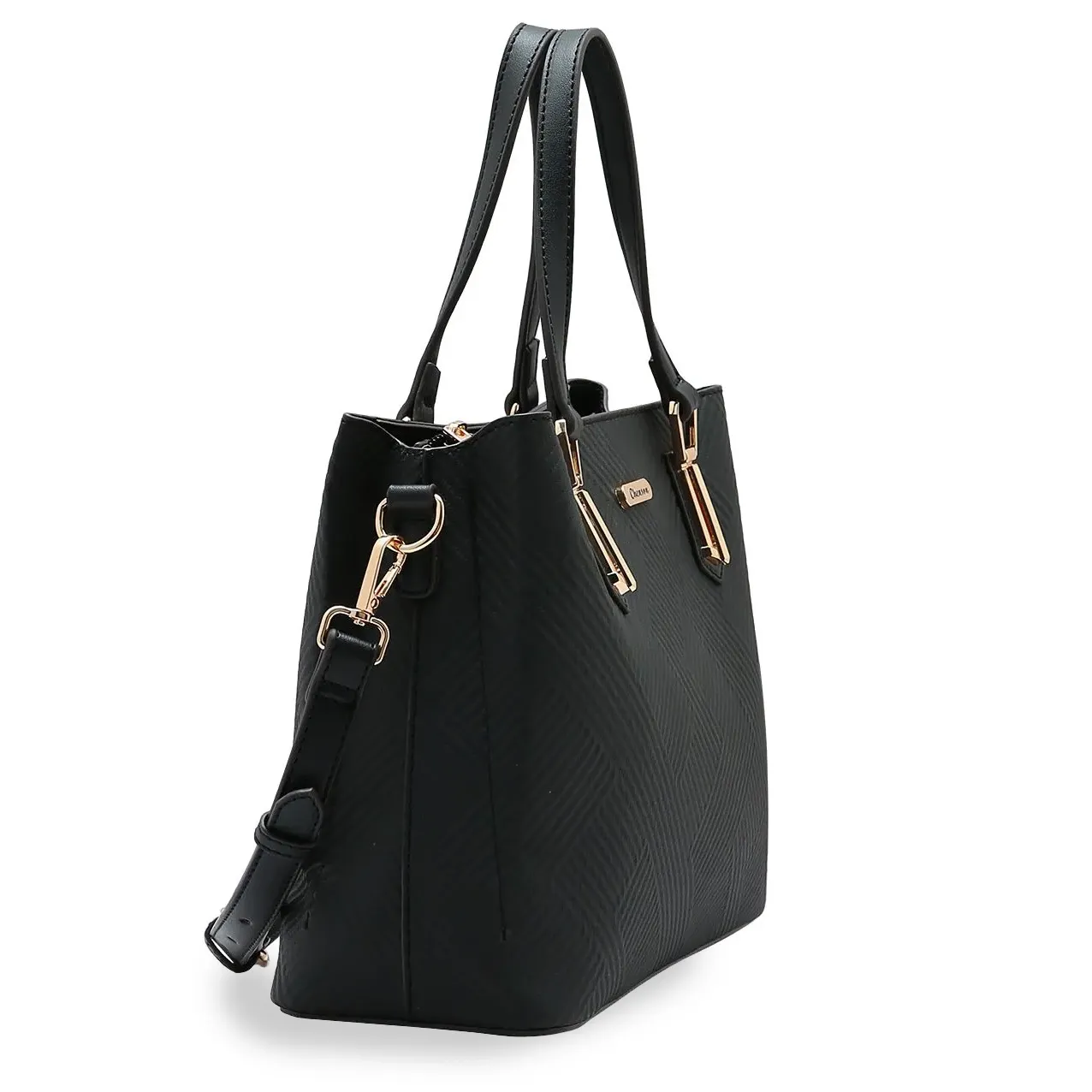 Bolsa tote feminina Chenson Clássico Soft preta vista lateral mostrando alça removível ajustável e detalhes metálicos